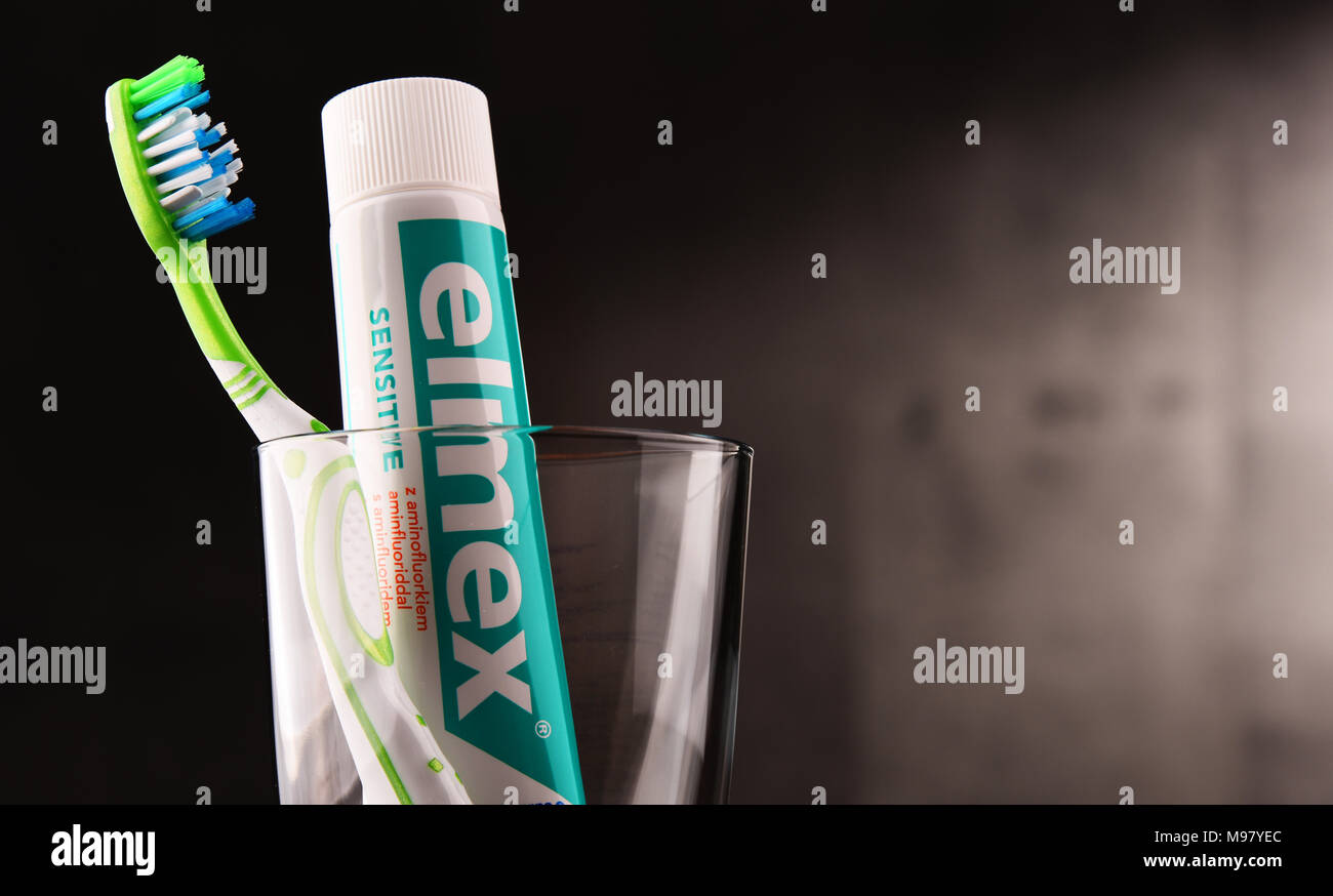 POZNAN, POLAND - MAR 1, 2018: Elmex toothpaste, a brand of oral care products manufactured by GABA International AG in Therwil, Switzerland, a company Stock Photo