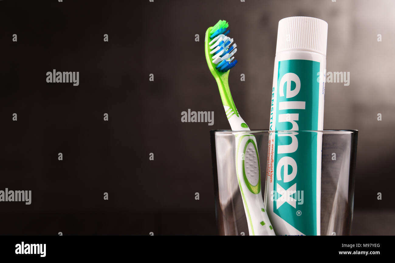 POZNAN, POLAND - MAR 1, 2018: Elmex toothpaste, a brand of oral care products manufactured by GABA International AG in Therwil, Switzerland, a company Stock Photo