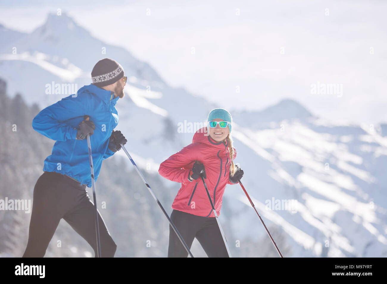 Austria, Tyrol, Luesens, Sellrain, two cross-country skiers having a break Stock Photo