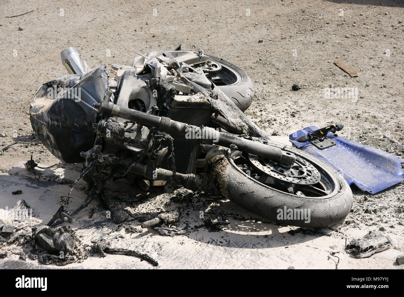 motor bike crash on motorway, bike wreckage, road traffic collision (RTC) Stock Photo