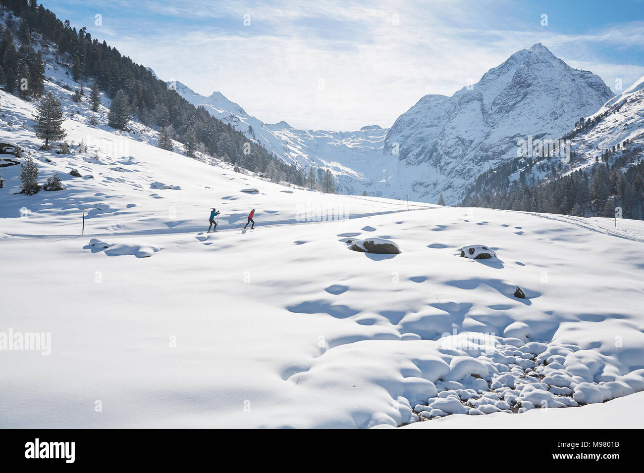 Austria, Tyrol, Luesens, Sellrain, two cross-country skiers in snow-covered landscape Stock Photo