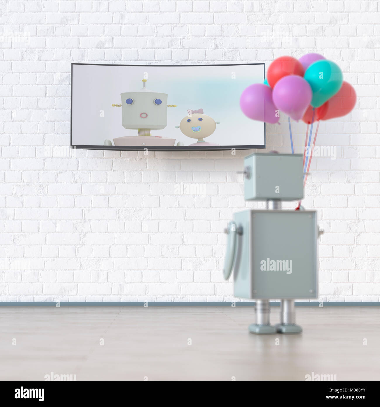 Robot with balloons looking at screen with robot wife and kid, 3d rendering Stock Photo