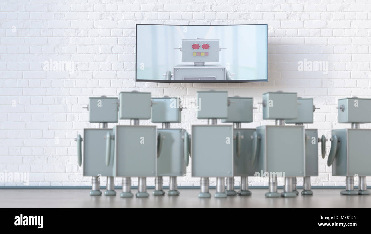Group of robots in a room looking at screen with robot, 3d rendering Stock Photo