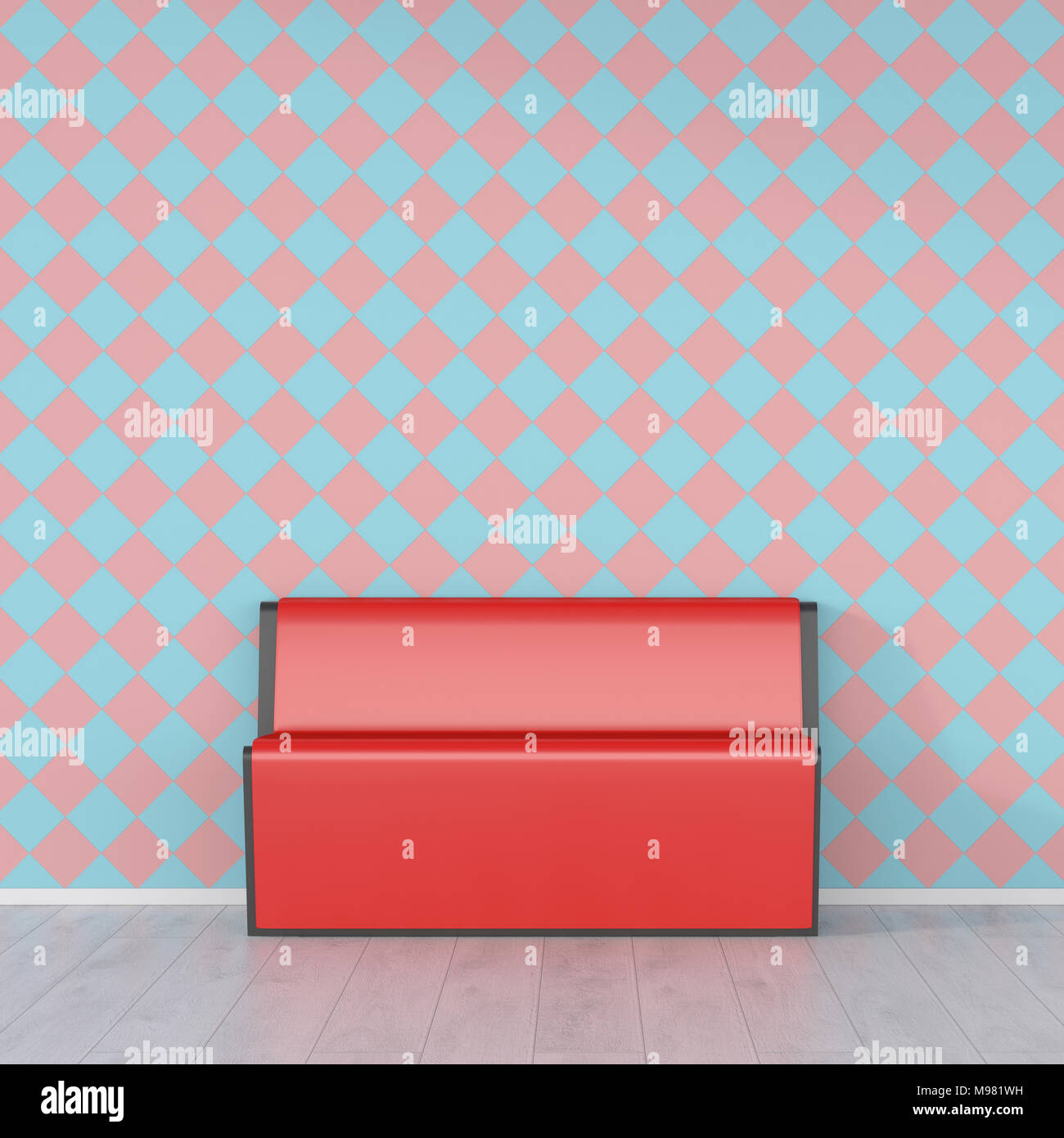Red bench in front of checkered pattern wallpaper, 3d rendering Stock Photo