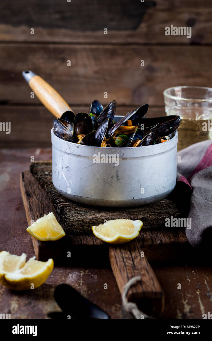 Blue mussels in cooking pot Stock Photo
