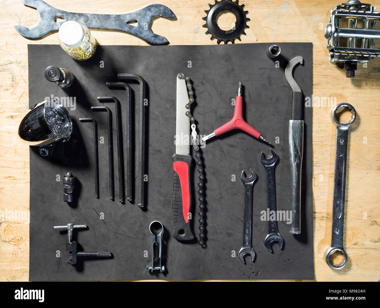 Overhead view of bicycle tool set Stock Photo