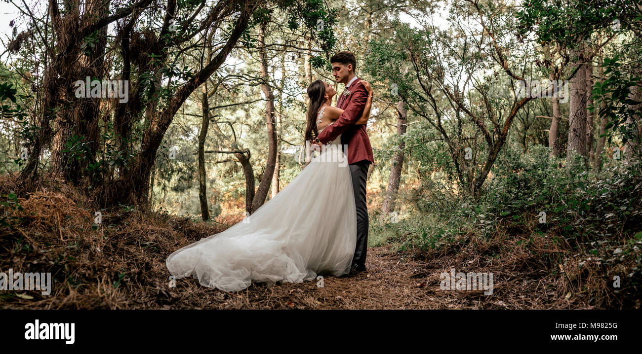 Bride and groom standing in forest embracing Stock Photo - Alamy