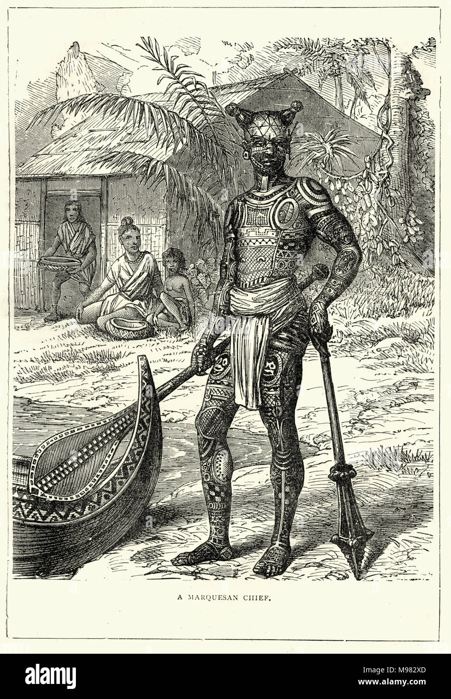 Engraving of a tattooed Marquesan warlord, 19th Century. The Marquesas Islands are a group of volcanic islands in French Polynesia Stock Photo