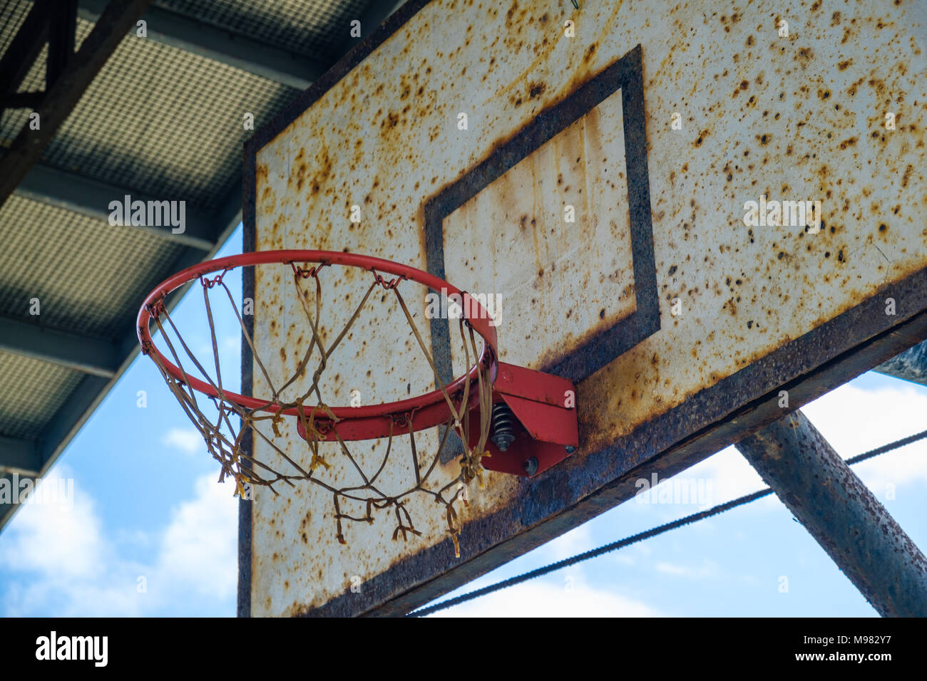 old basket ball hoop closeup - vintage basketball ring - Stock Photo