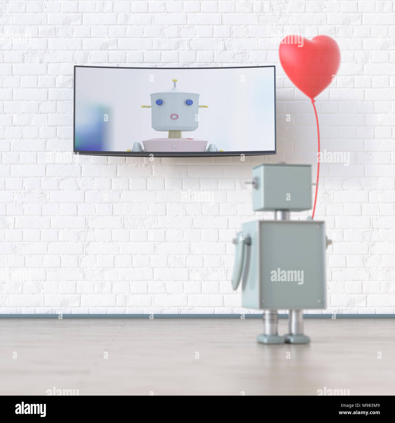 Robot with heart-shaped balloon looking at screen with robot, 3d rendering Stock Photo