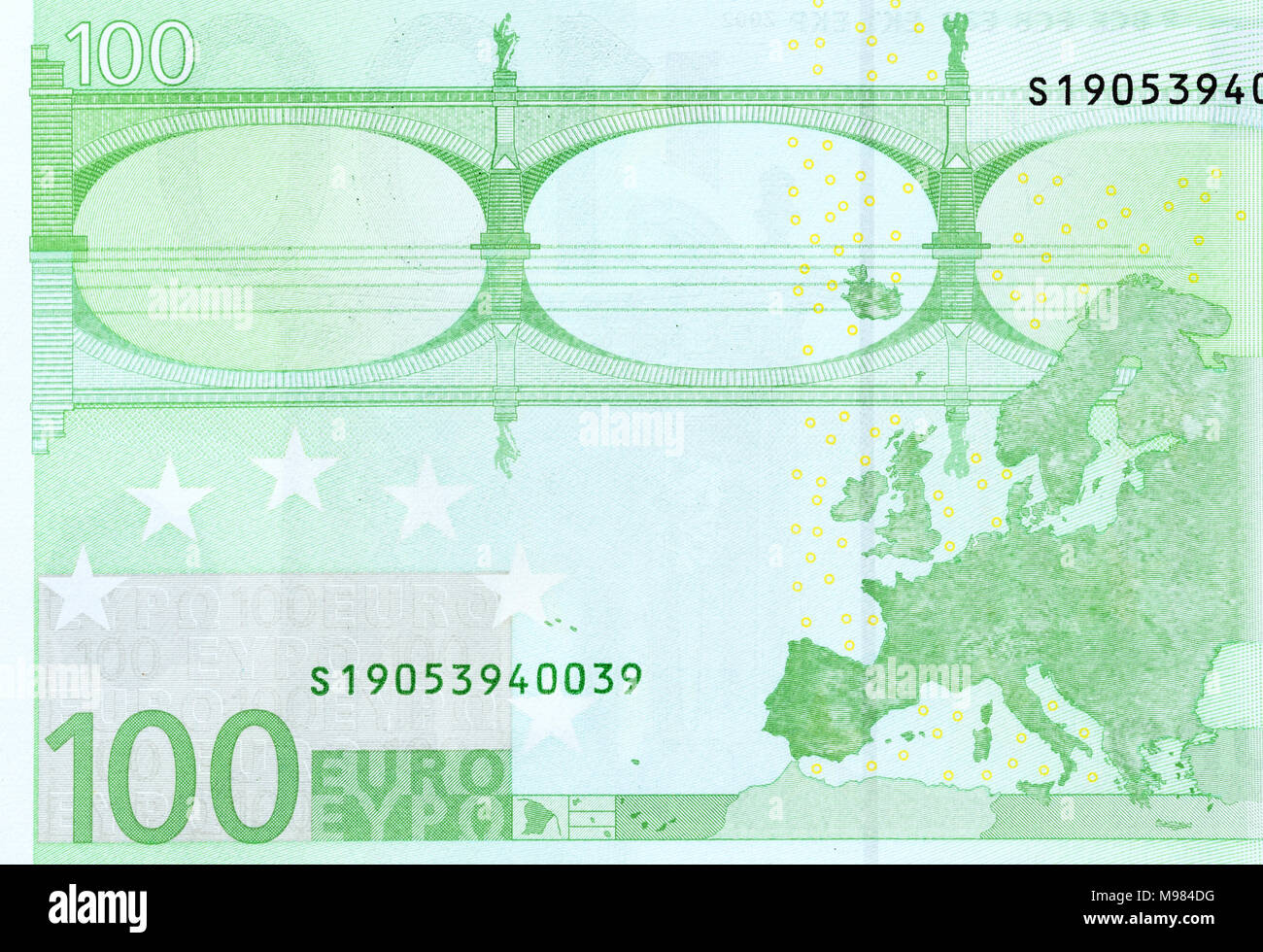Back side of 100 euro - macro fragment banknote. Stock Photo