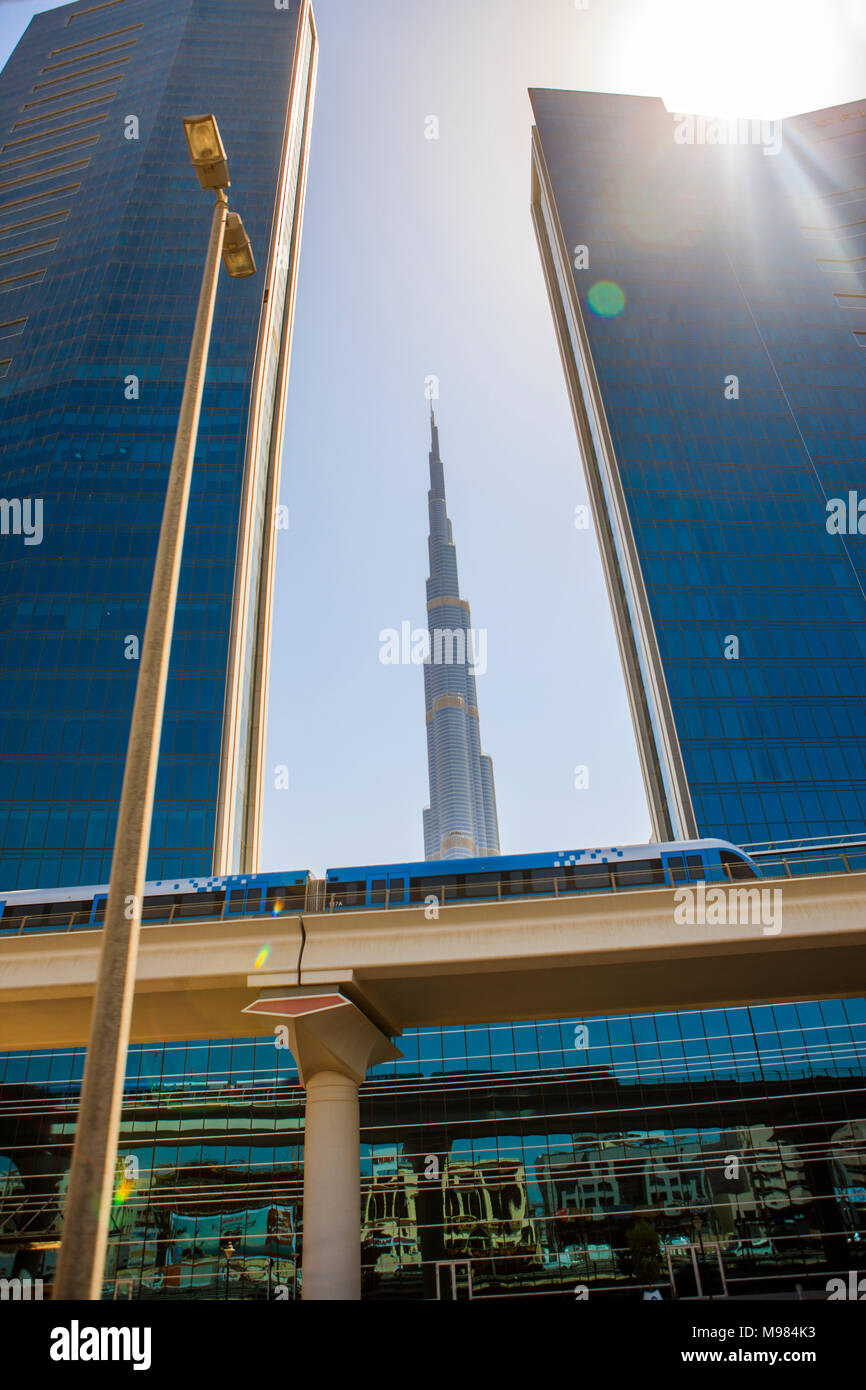 United Arab Emirates, Dubai, Burj Khalifa and elevated railway Stock Photo