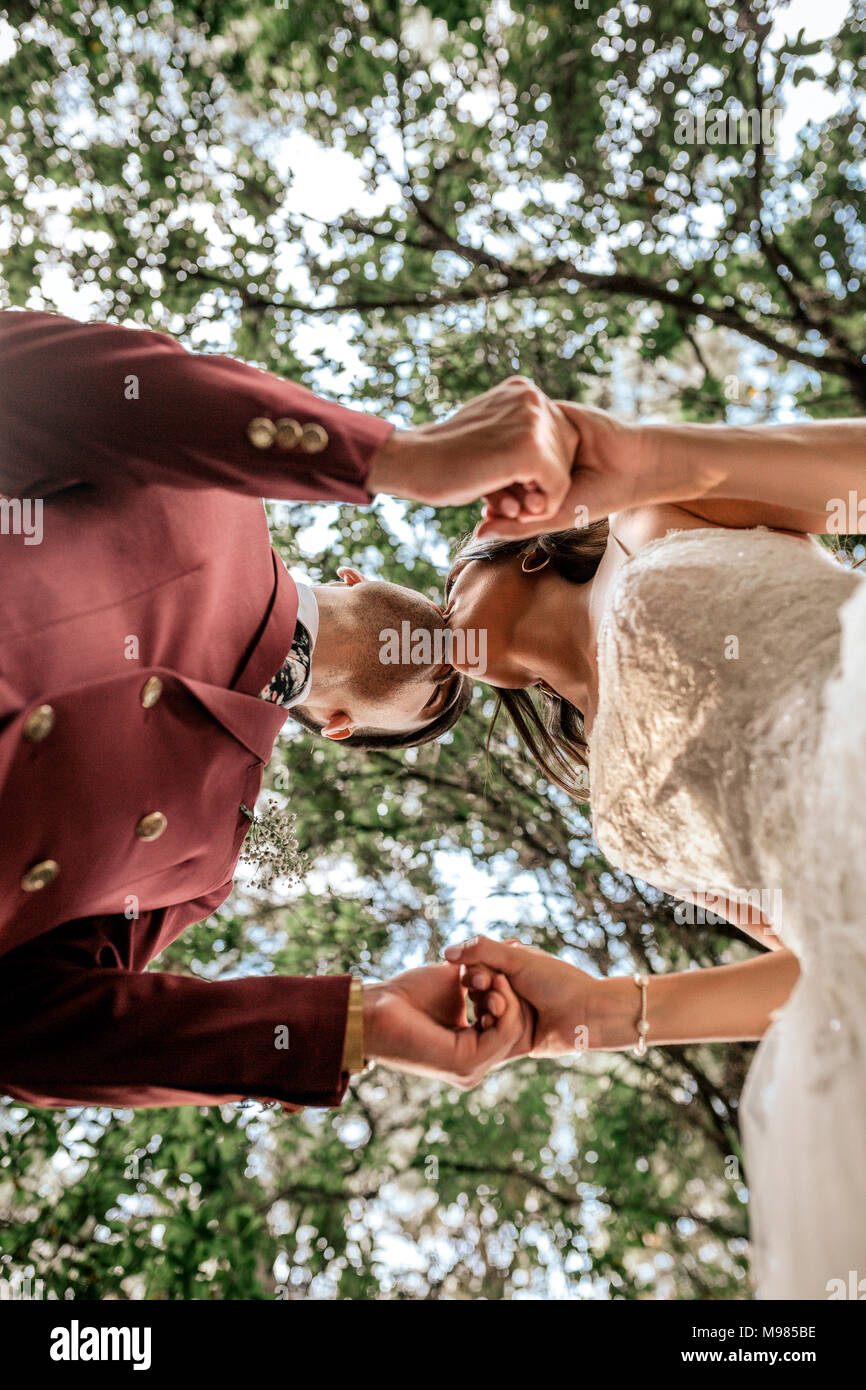 Bride and groom holding hands and kissing under a tree Stock Photo