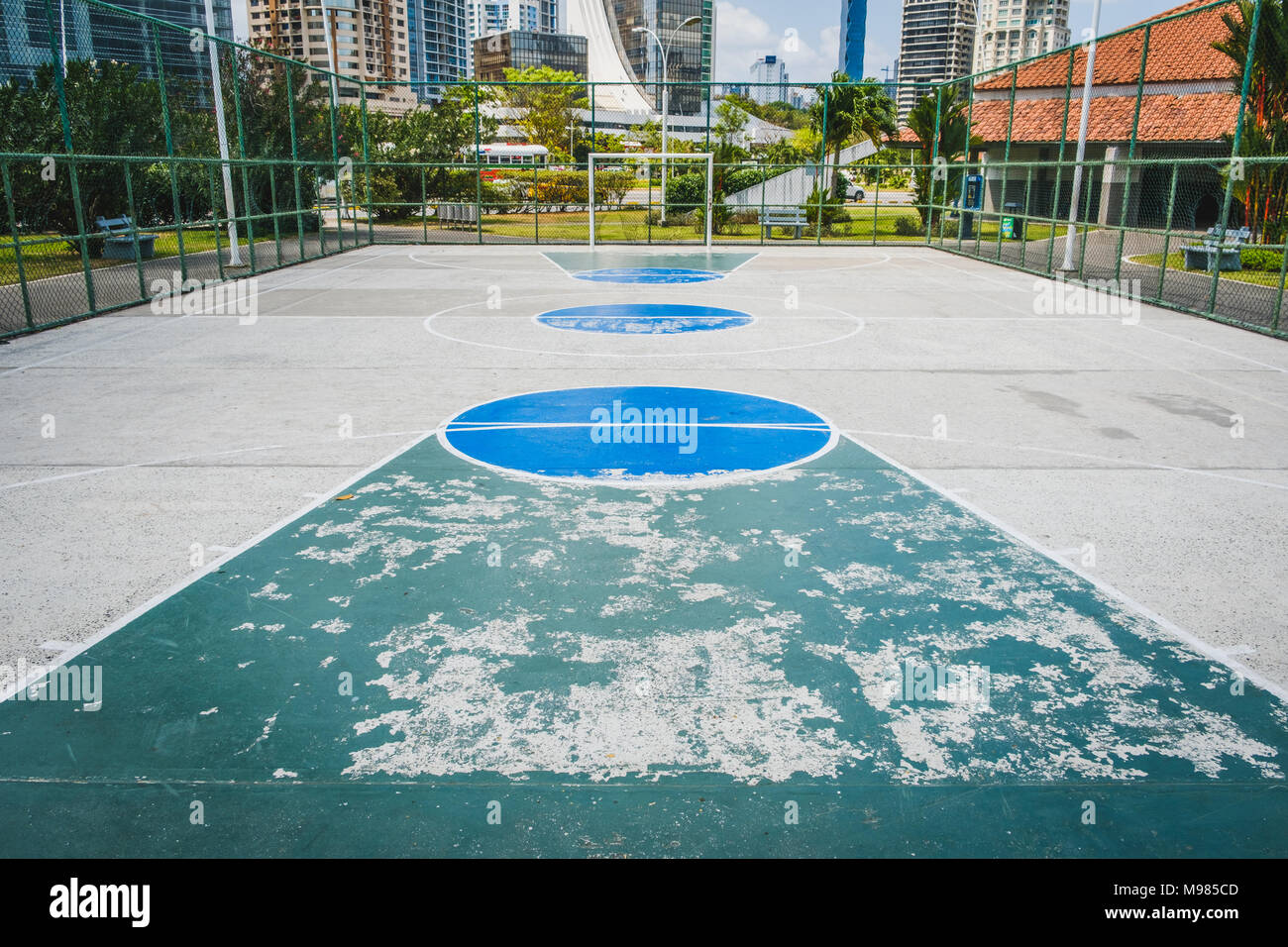 basketball court, soccer field - outdoor sport in city - Stock Photo