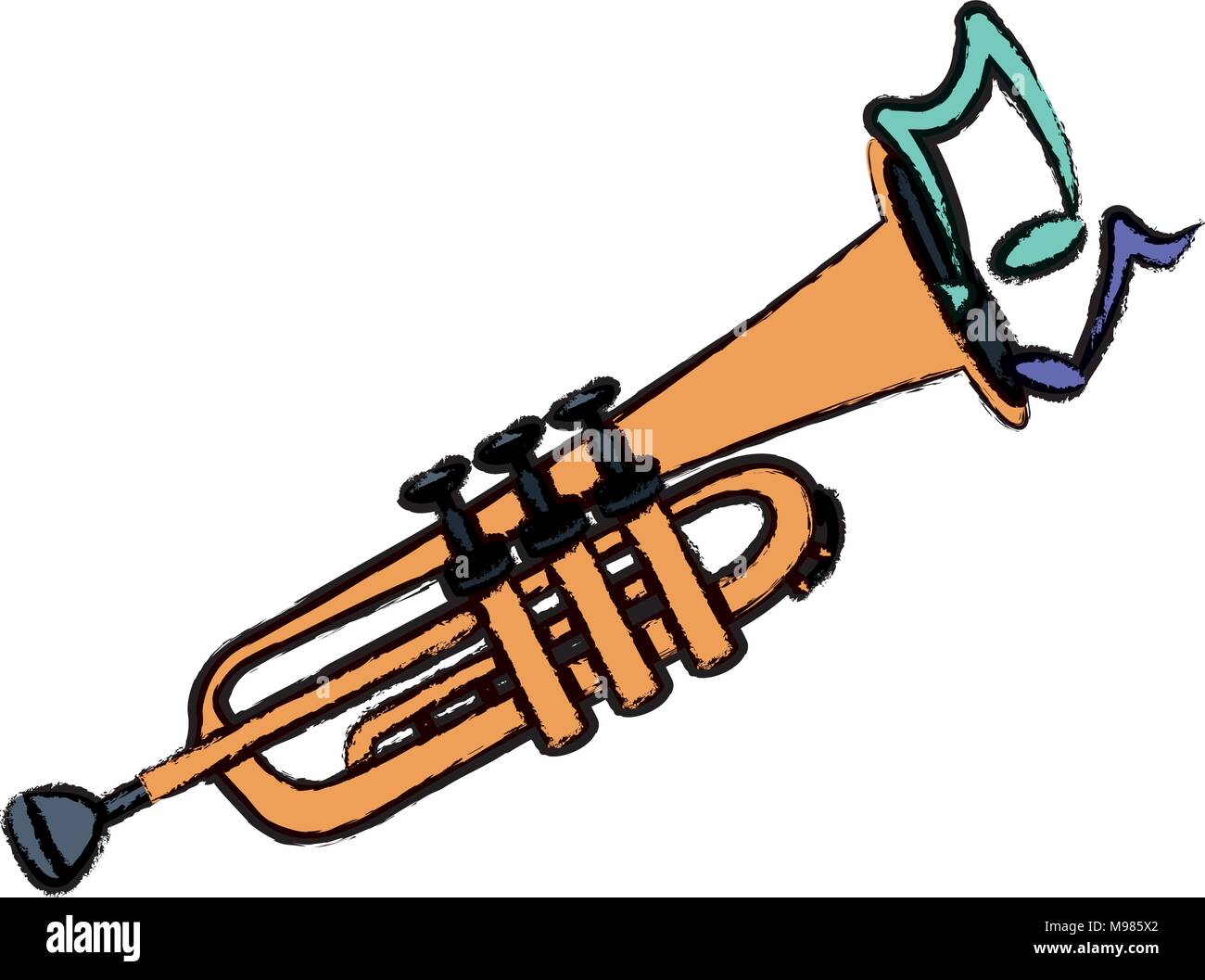 trumpet with musical notes over white background, colorful design