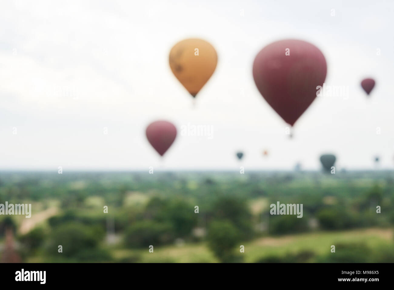 Myanmar, Bagan, blured view of many hot air balloons Stock Photo