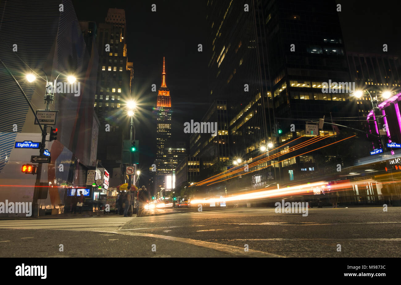USA, New York City,  Eighth Avenue and Empire State Building at night Stock Photo