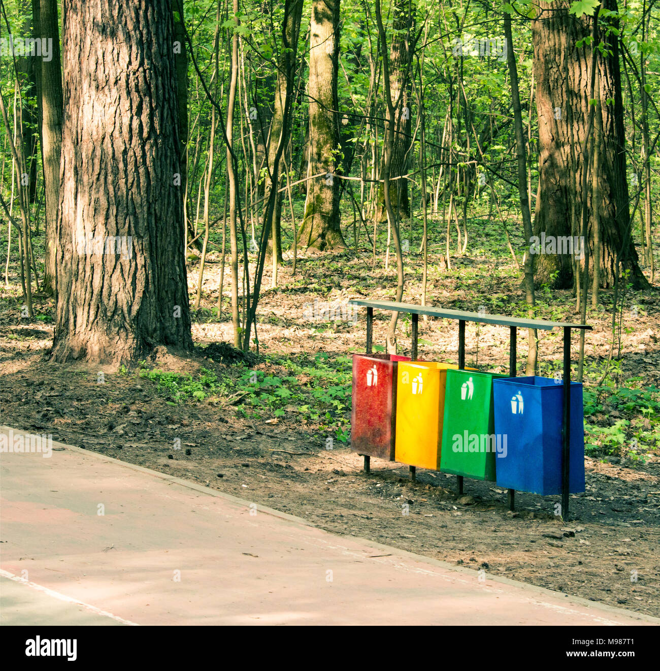 separately recycle bin in forest Stock Photo