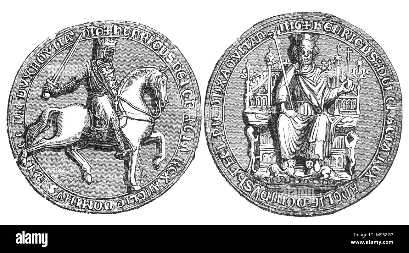 The Great Seal of Henry III (1207 – 1272), also known as Henry of Winchester, was King of England, Lord of Ireland, and Duke of Aquitaine from 1216 until his death. The son of King John and Isabella of Angoulême, Henry assumed the throne when he was only nine in the middle of the First Barons' War. Stock Photo