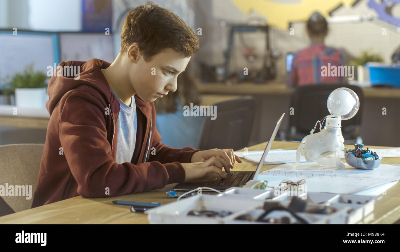 Smart Young Boy Works on a Laptop For His New Project in His Computer Science Class. Other Children Learning in the Background. Stock Photo