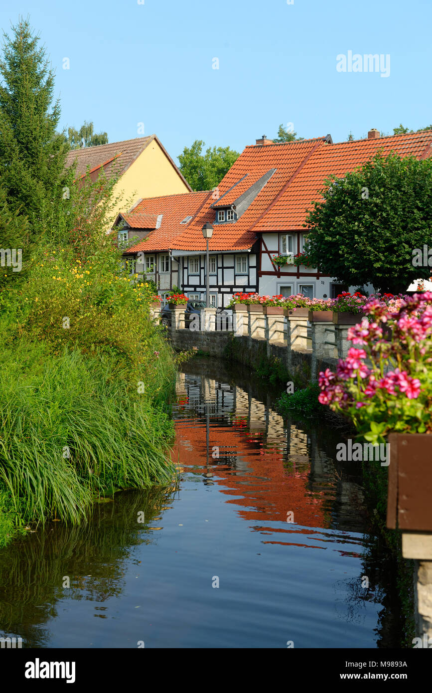 FachwerkhÃ¤user am FluÃŸ MÃ¼hlen-Ilse an der HagenmÃ¼hle, Hornburg, Schladen-Werla, Niedersachsen, Deutschland Stock Photo