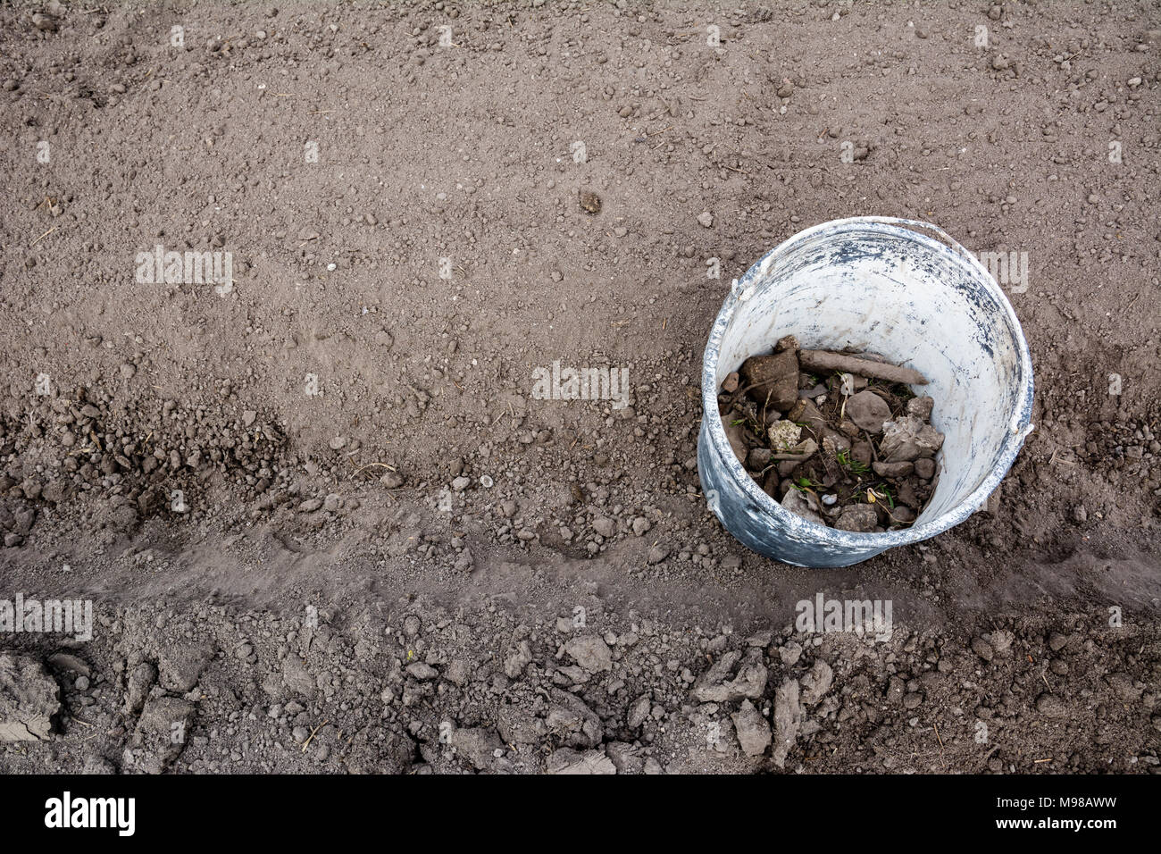 Old bucket covered in paint in the garden between rows with stones and weeds in it after cleaning ground. Work concept, copy space. Top view. Stock Photo