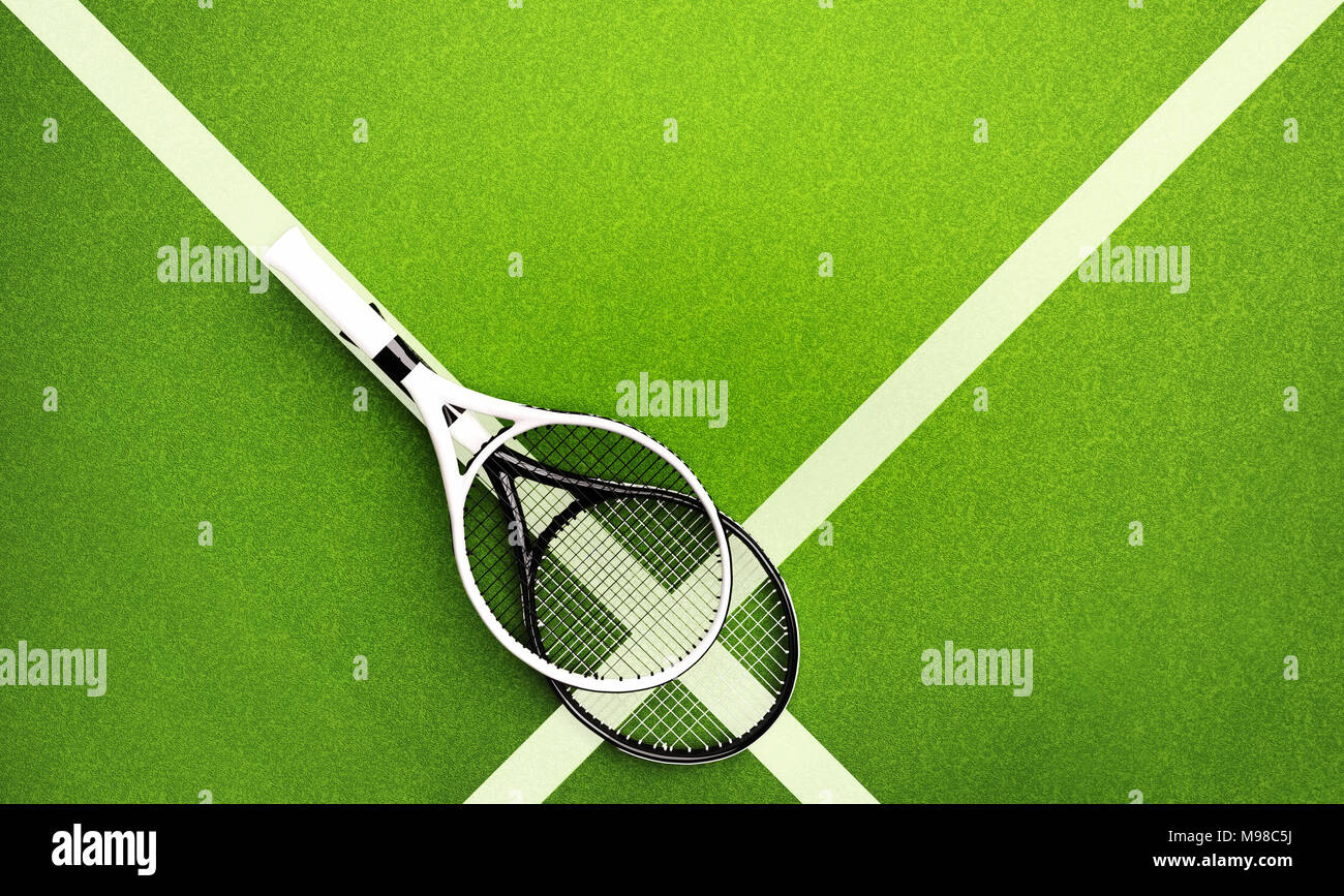 Tennis rackets on hard surface court. Square. Tennis backgrounds Stock