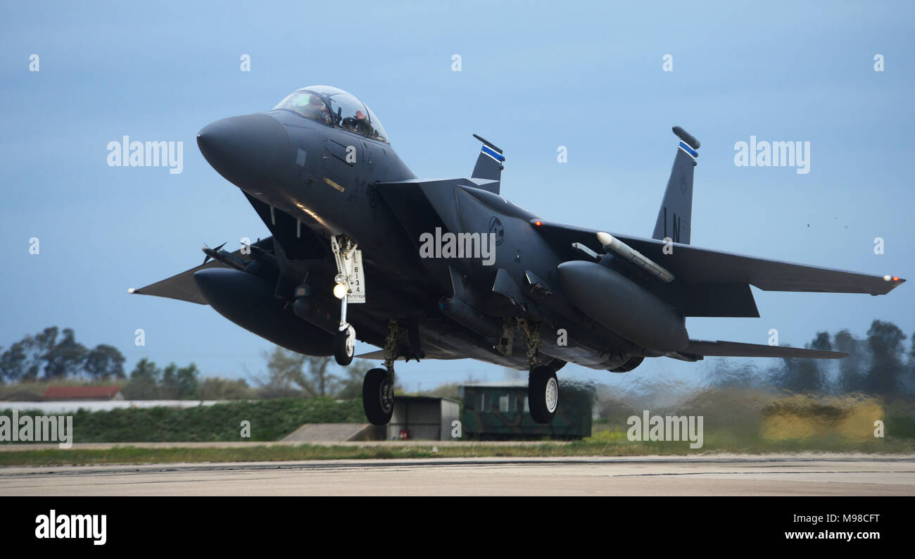 An F-15E Strike Eagle assigned to the 492nd Fighter Squadron, Royal Air Force Lakenheath, England prepares to land at Andravida Air Base, Greece, March 21, 2018, during exercise INIOHOS 18. Seventy-six fighter aircraft are participating in this years’ iteration of the exercise. (U.S. Air Force photo/1st Lt. Elias Small) Stock Photo