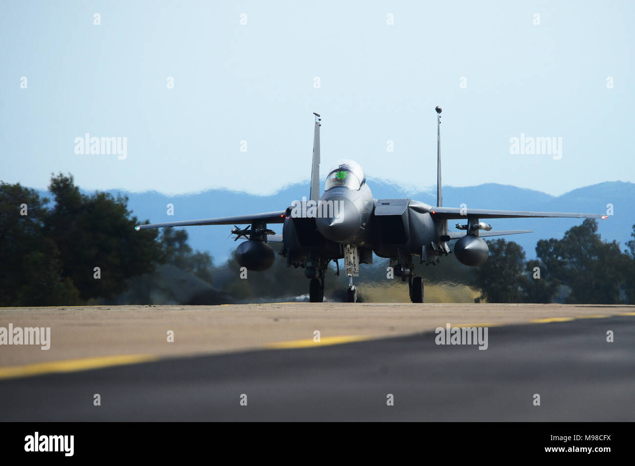 An F-15E Strike Eagle assigned to the 492nd Fighter Squadron, Royal Air Force Lakenheath, England taxis at Andravida Air Base, Greece, March 21, 2018, during exercise INIOHOS 18. INIOHOS 18 is a Hellenic Air Force-led, large force flying exercise focused on strengthening partnerships and interoperability. (U.S. Air Force photo/1st Lt. Elias Small) Stock Photo