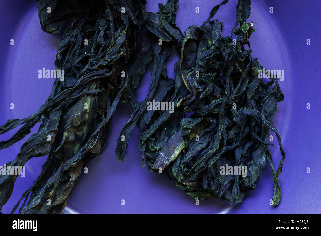 Dry seaweed in purple plate close up view Stock Photo