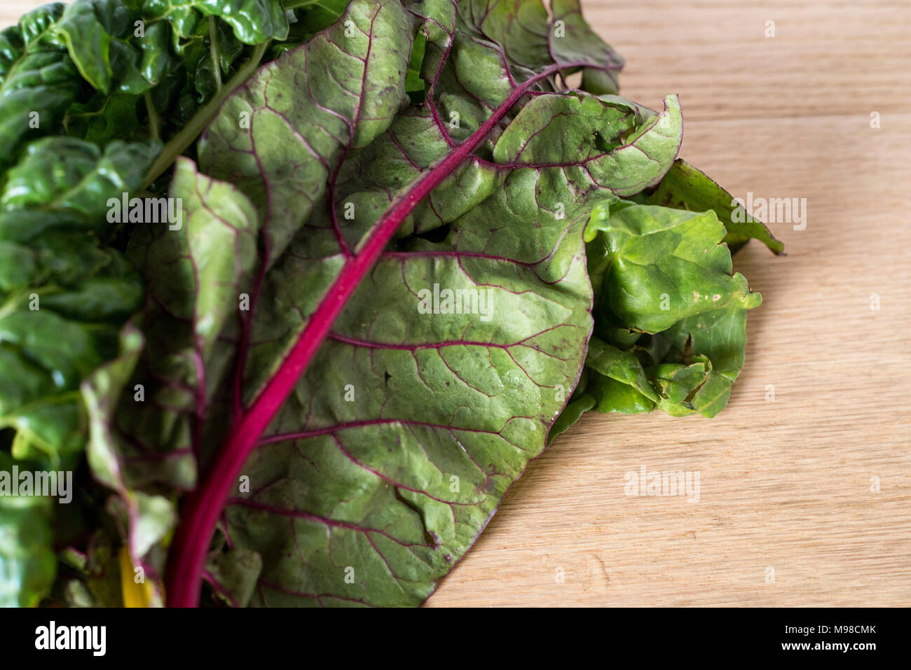 Red Rainbow Chard on a Light Wood Counter Stock Photo