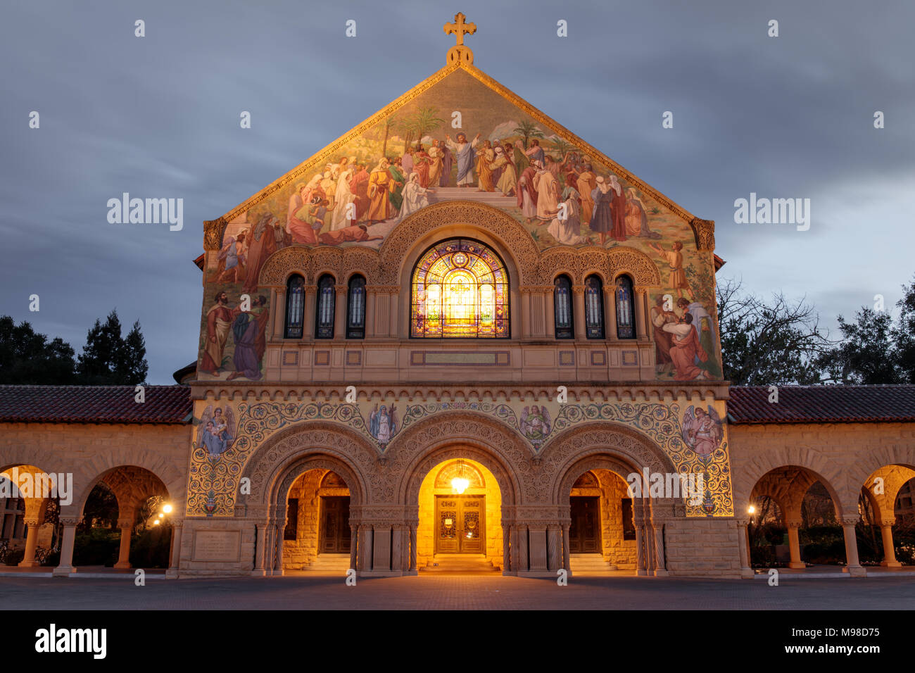 Stanford, California - March 19, 2018: North facade of the Stanford Memorial Church from the Main Quad Stock Photo