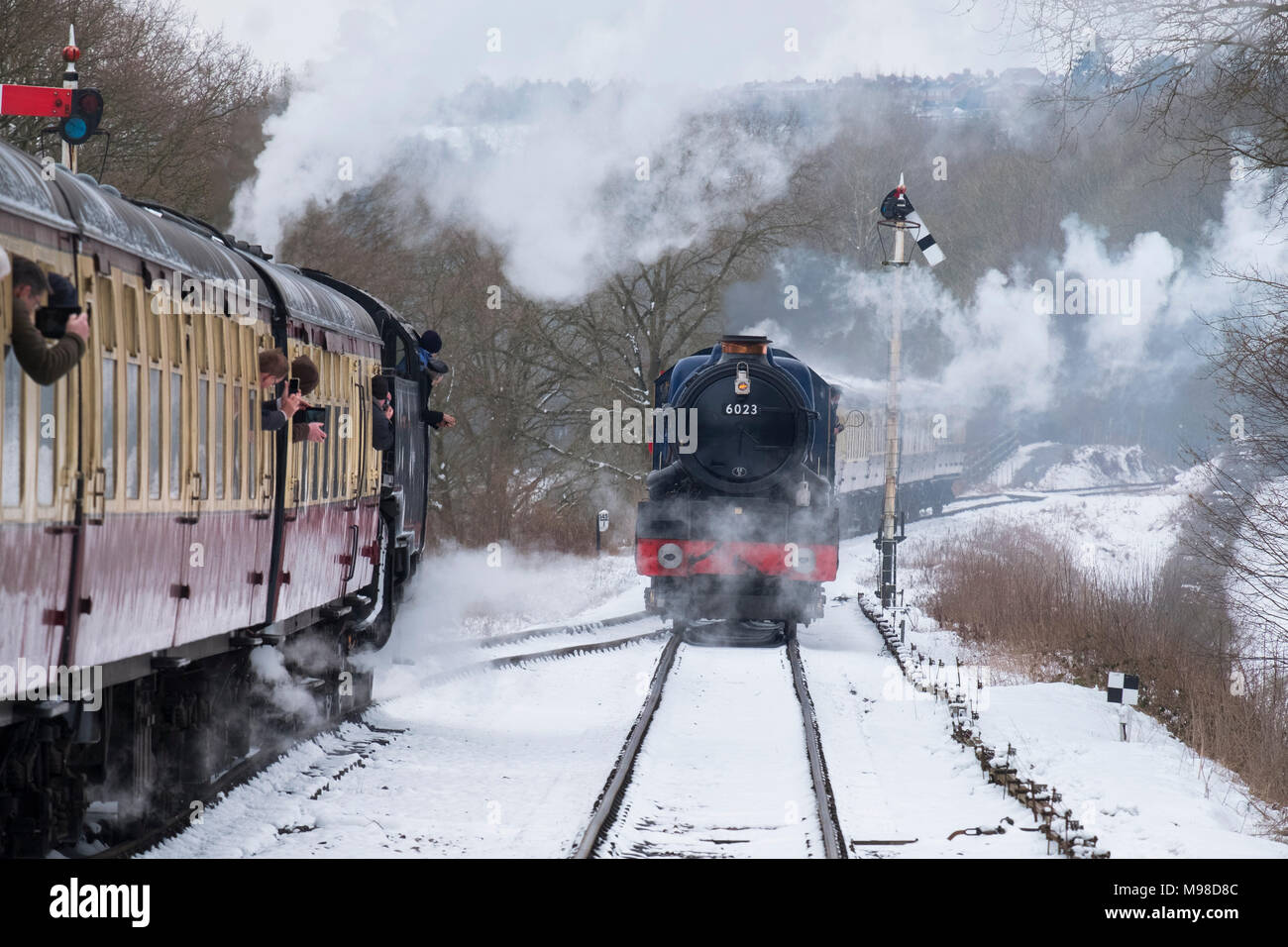 King Edward II steam locomotive pulling into Hampton Loade station on the Severn Valley Railway, Shropshire. Stock Photo