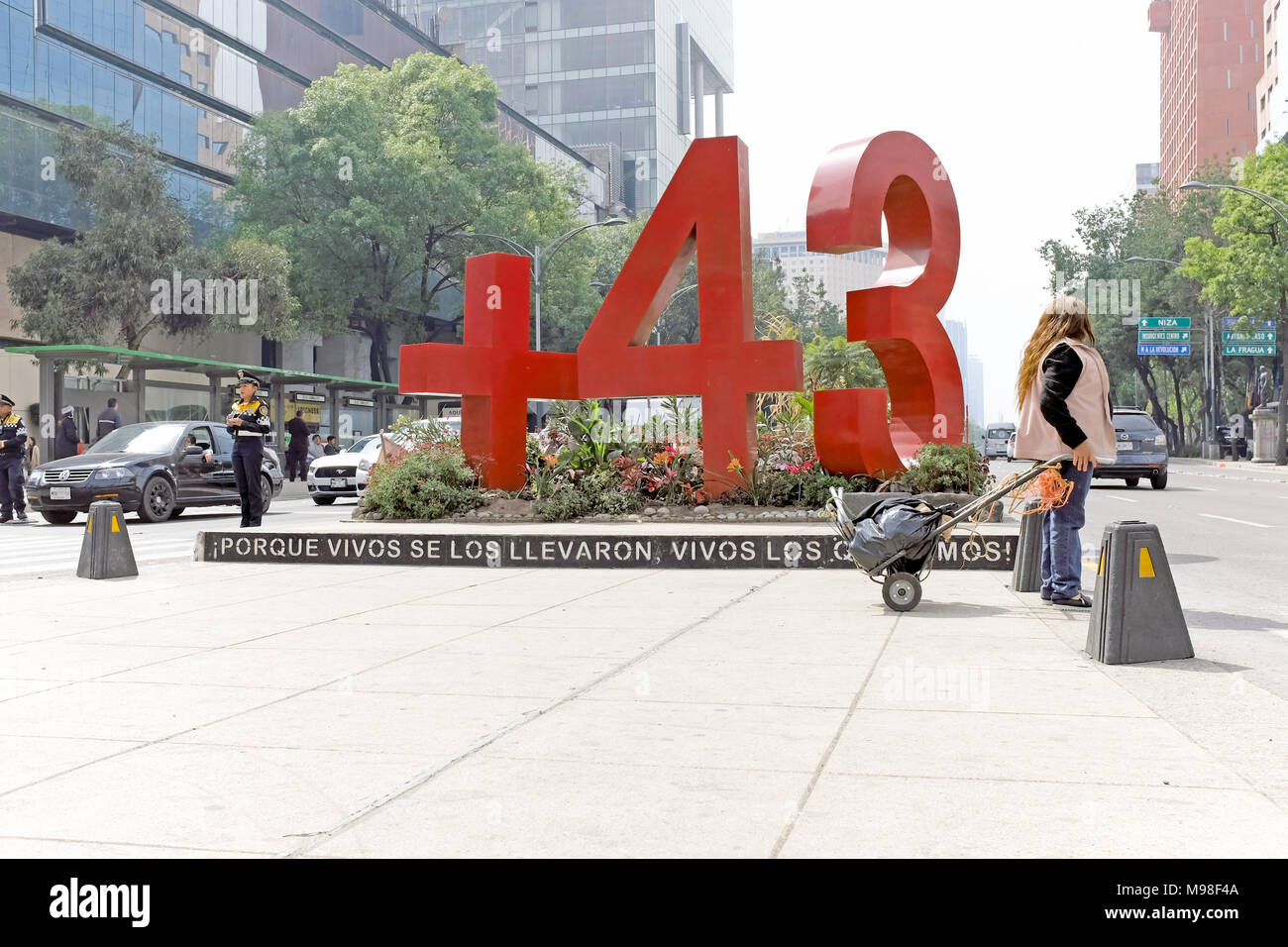 The large red 'Anti-Monumento 43' in Mexico City is a public reminder of the 43 students who disappeared at the hands of the authorities. Stock Photo