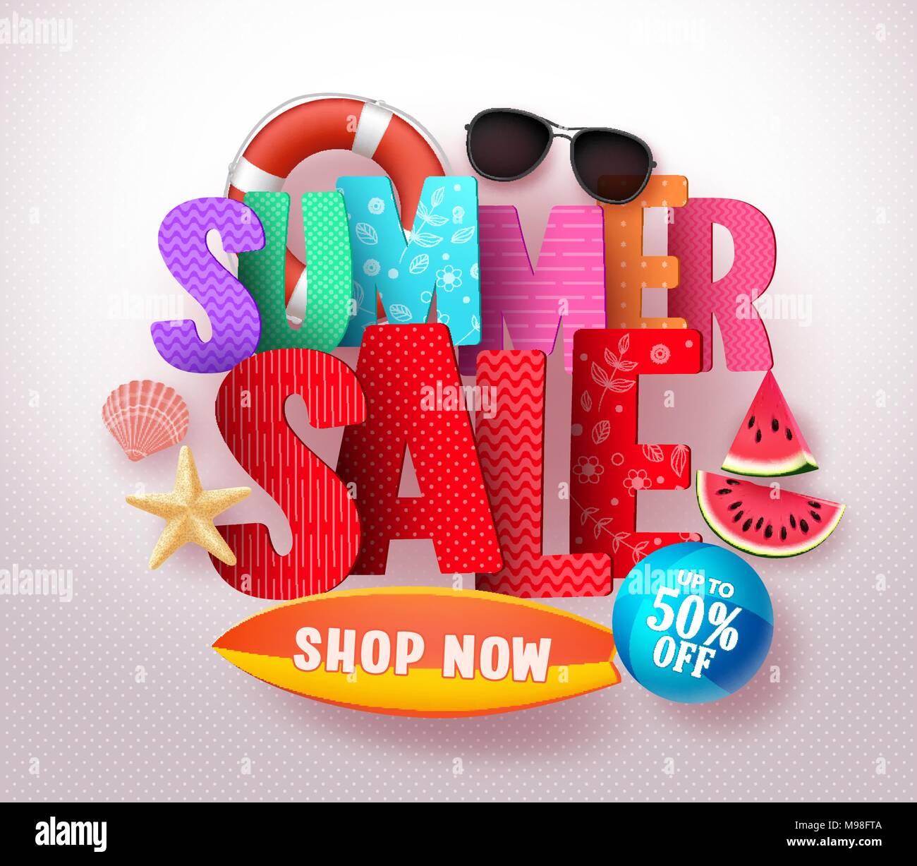 Summer sale vector banner design with colorful 3D sale text and beach