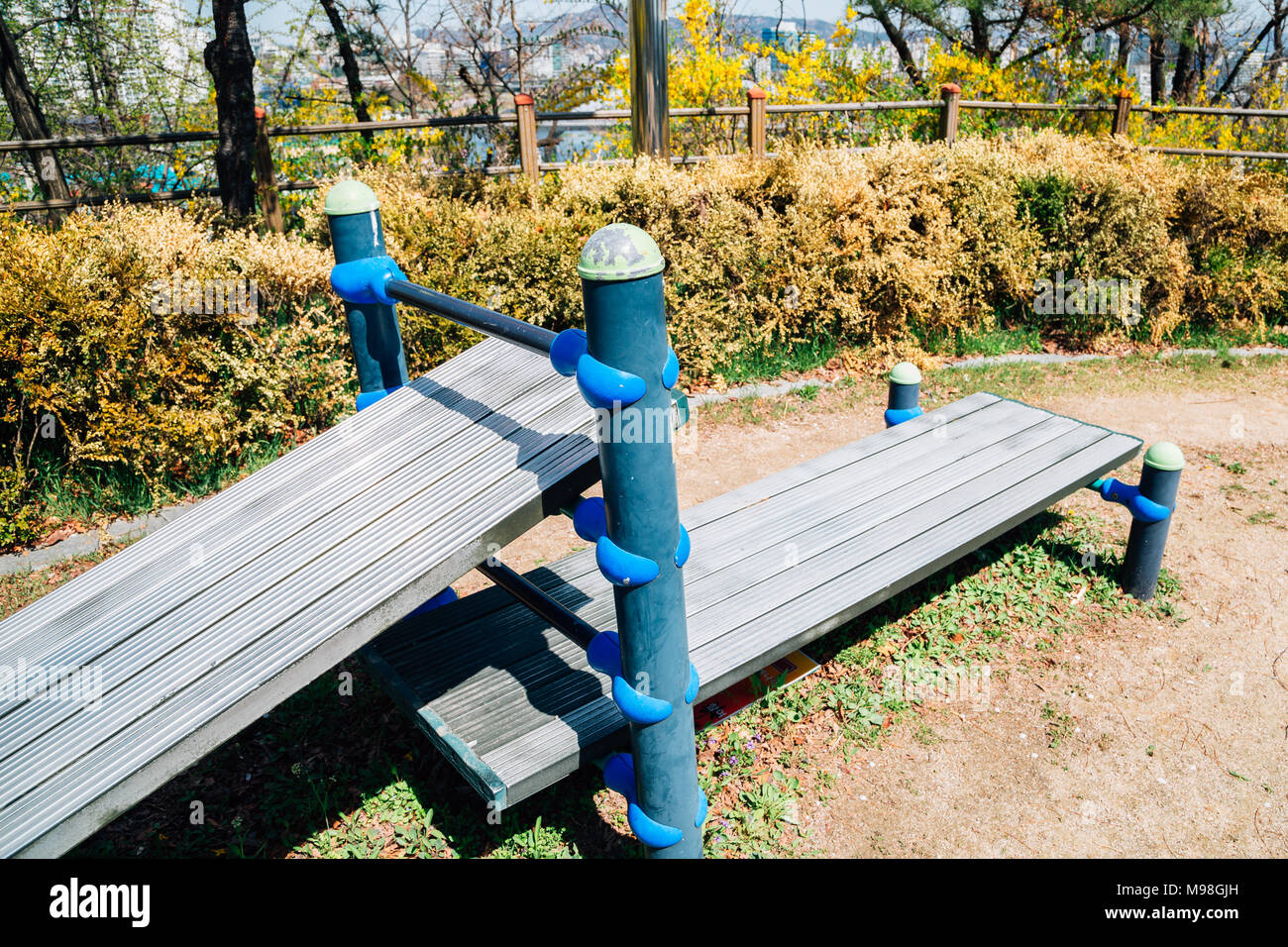 Sit–up fitness exercise equipment in Korean public park Stock Photo