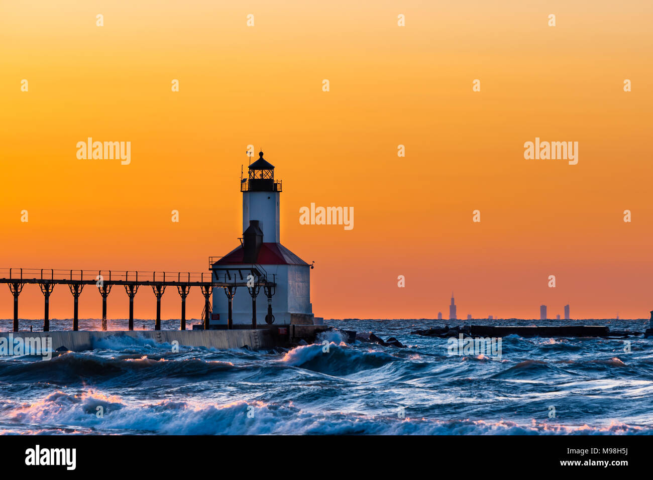 Michigan City Lighthouse during golden hour sunset on Indiana's largest