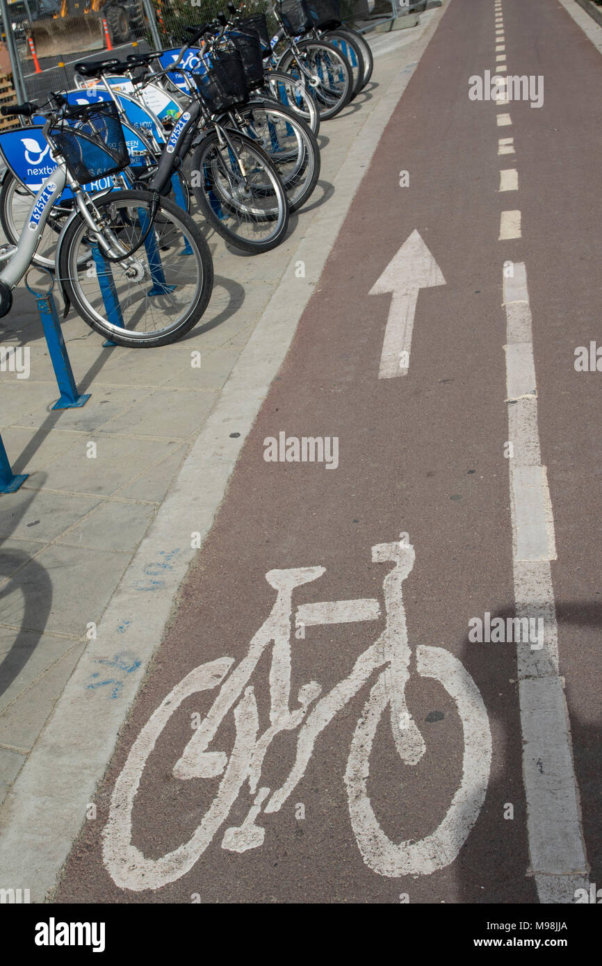 Nextbikes for hire in the bike rack in central limassol,cyprus
