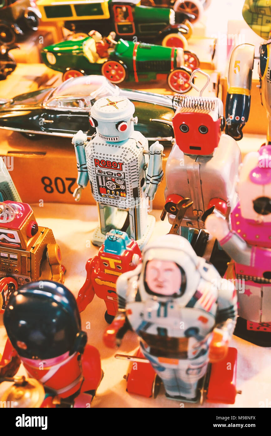 Classic toys,Robot vintage toys.Remade copy.Used film filter style. Stock Photo