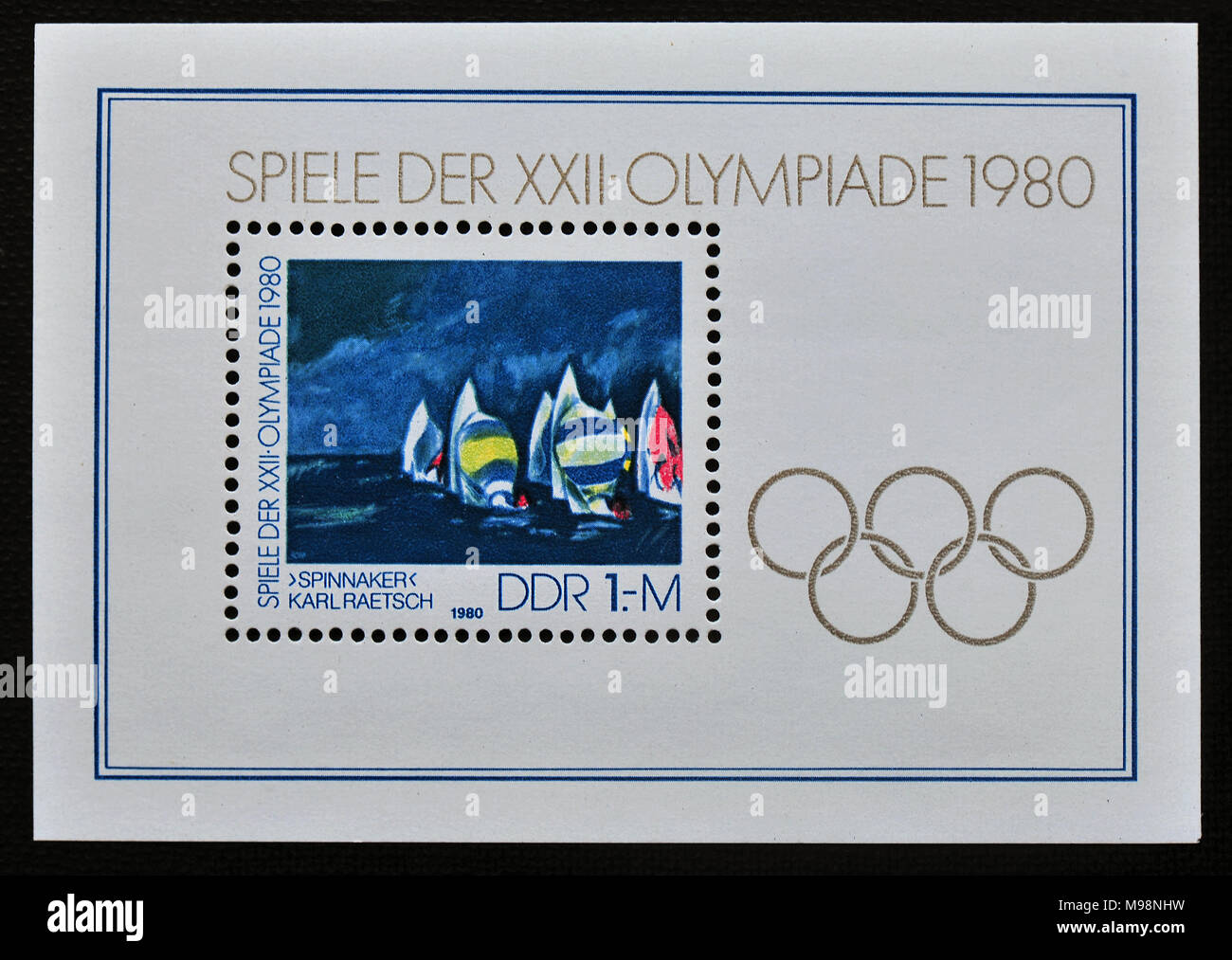 Olympic Games 1980  - East Germany philatelistic sheet, mint condition. Value 1 Mark. Stock Photo