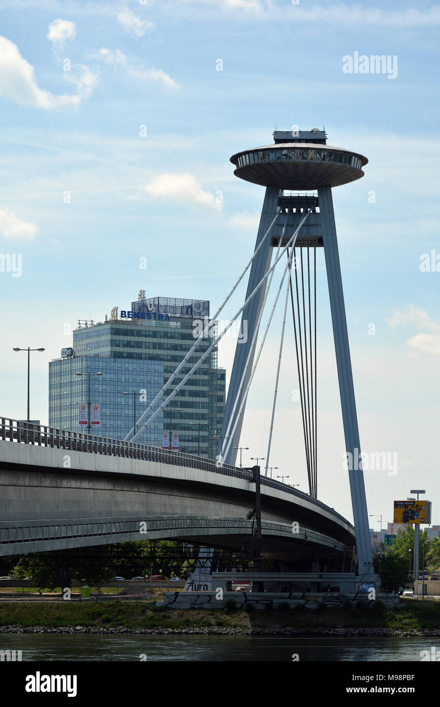 Bratislava, Slovakia - June 14, 2017: Bridge of the Slovak National Uprising SNP over the river Danube in Bratislava - Slovakia. Stock Photo