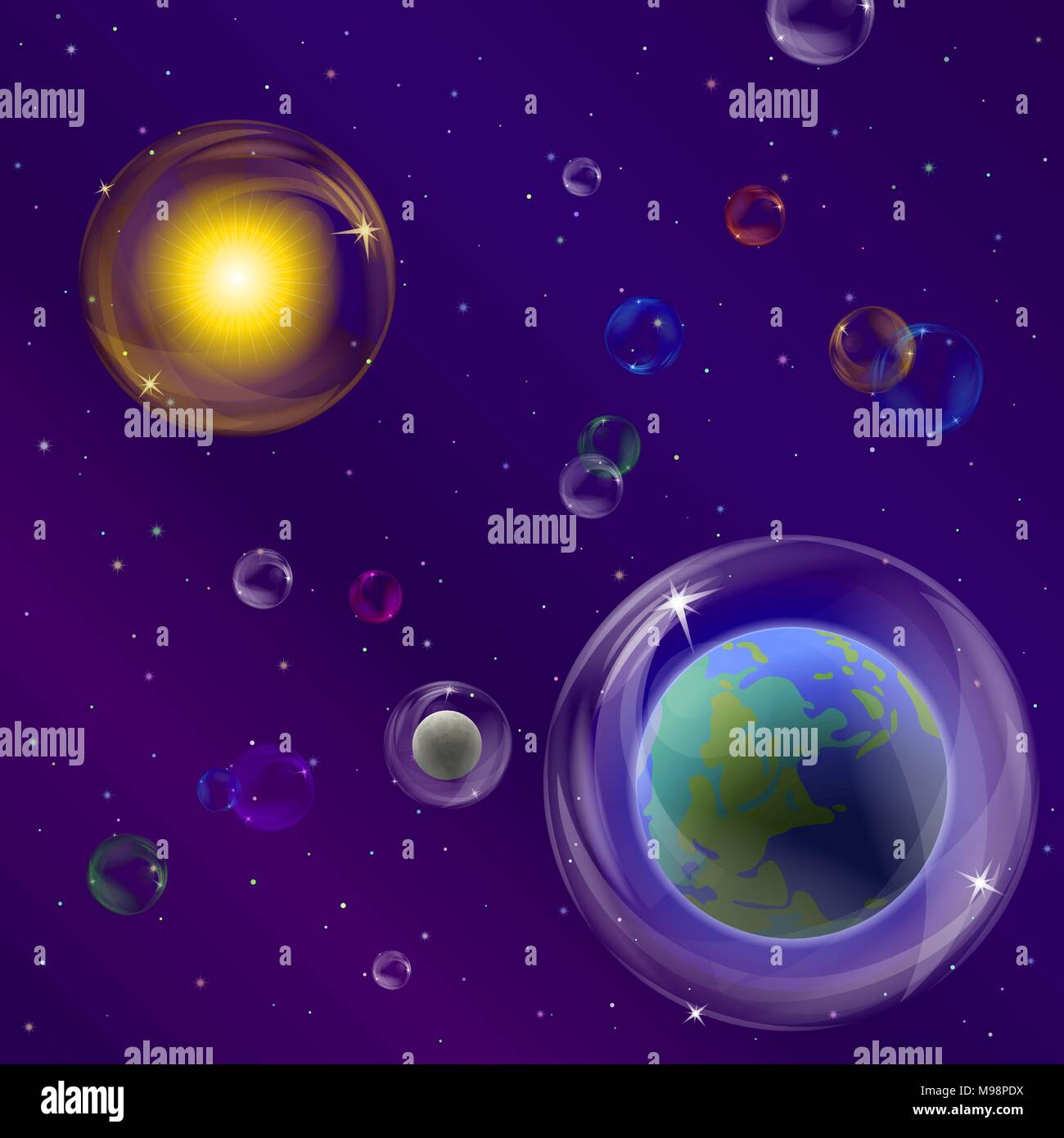 Planets and sun in bubbles Stock Vector