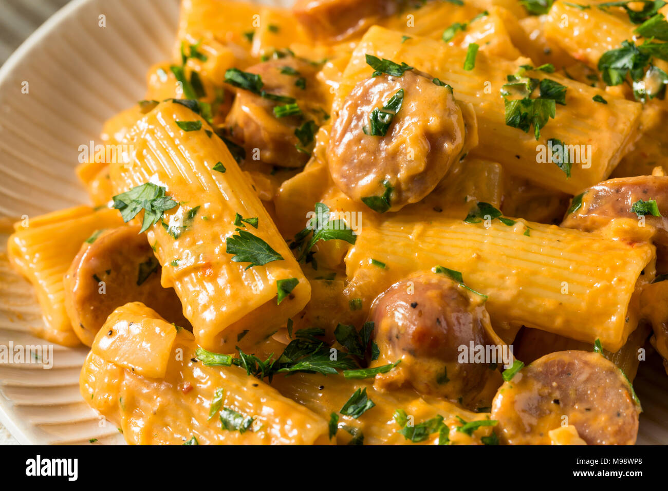 Homemade Sausage and Fennel Rigatoni with Cream Sauce Stock Photo