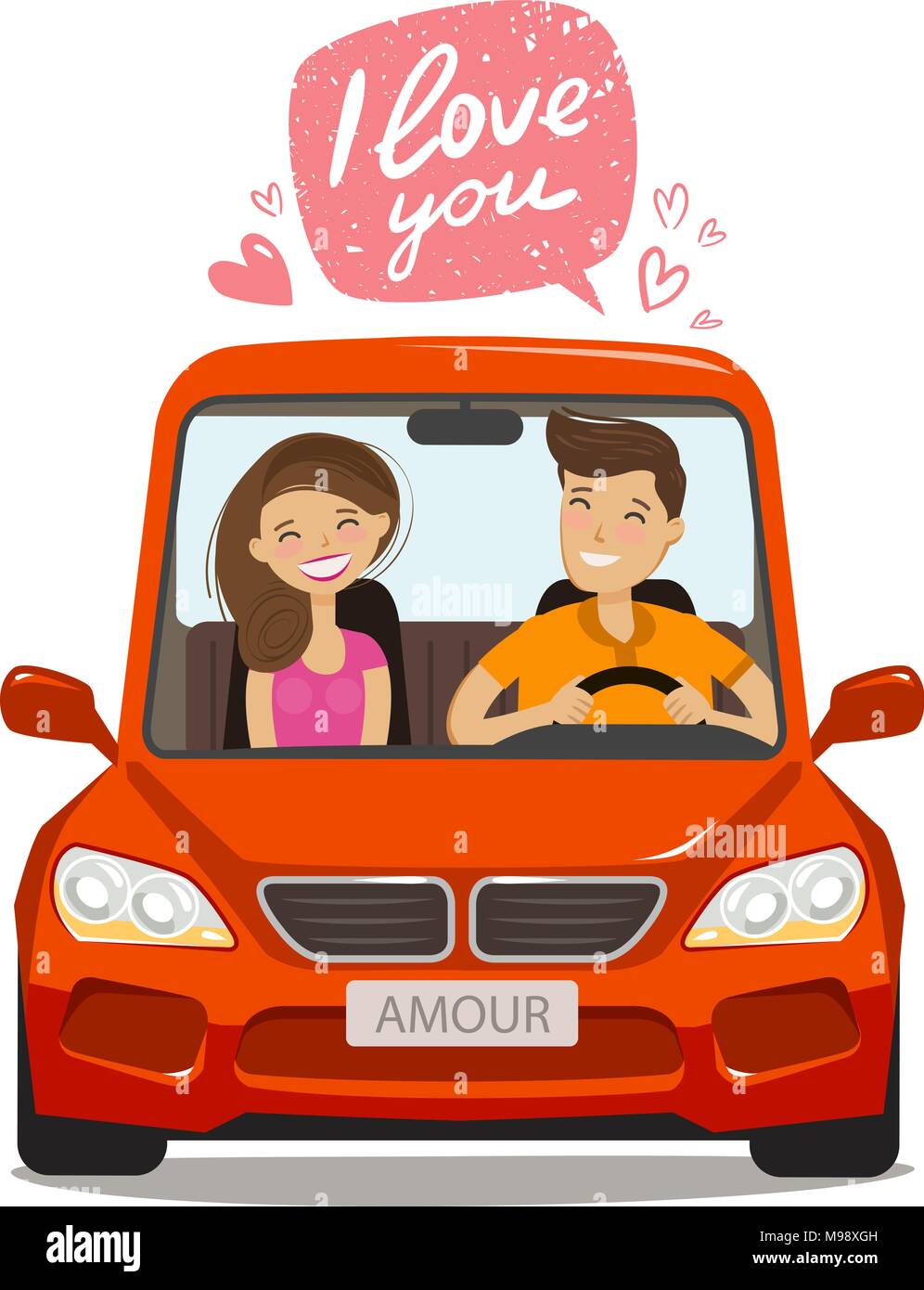Loving couple riding on car. Love concept. Cartoon vector illustration Stock Vector