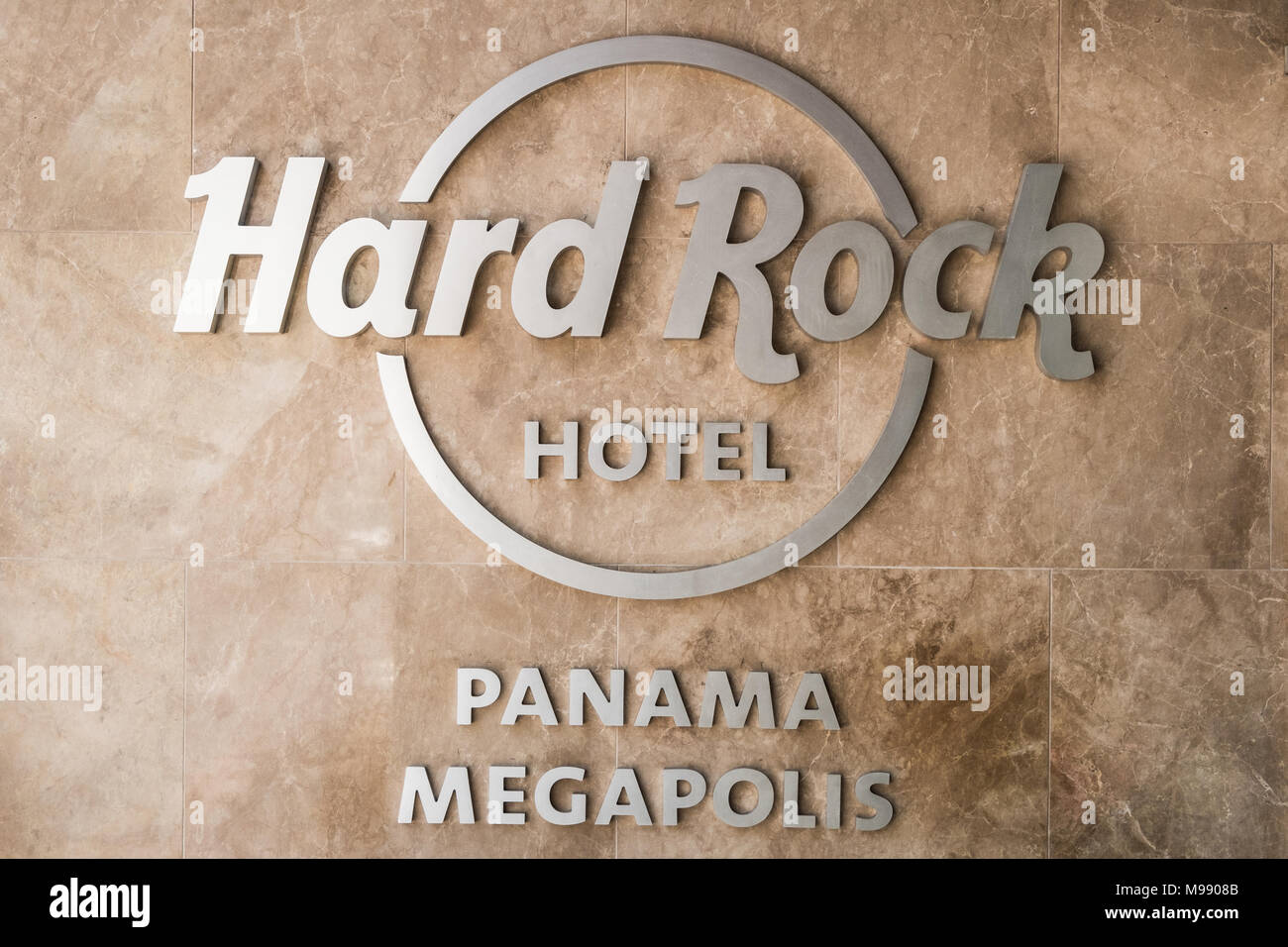 Panama City, Panama - march 2018: The logo of the Hard Rock Hotel in Panama city Stock Photo