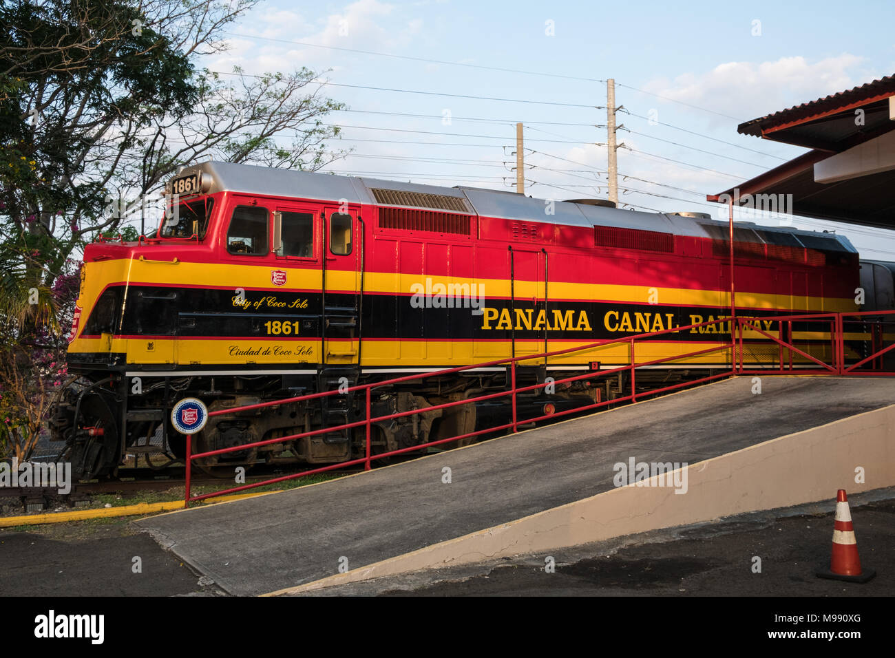 Panama City, Panama - march 2018: The locomotive of the Panama Canal Railroad train, connecting Panama City and Colon. Stock Photo