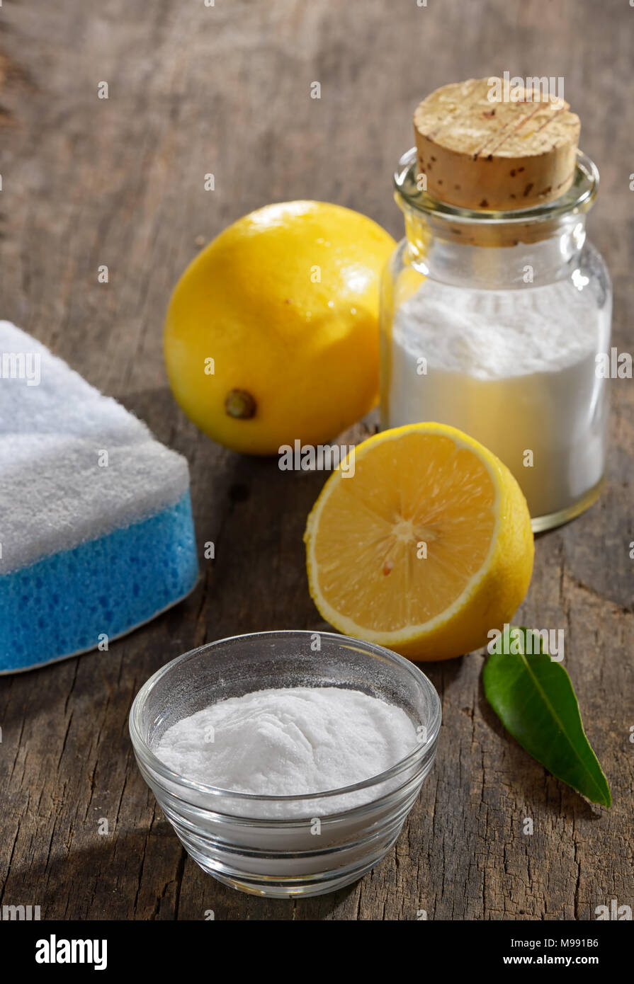 Natural cleaning tools lemon and sodium bicarbonate for house keeping