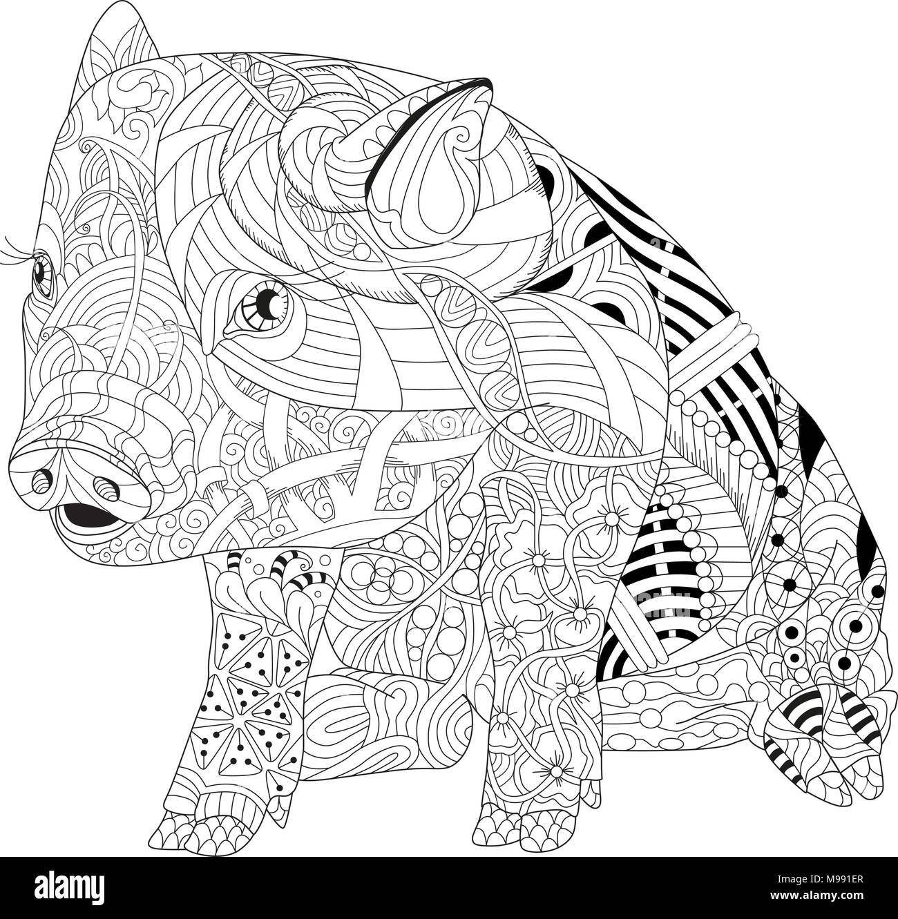 Zentangle illustration with pig. Zentangle or doodle piglet. Coloring book domestic animal. Stock Vector