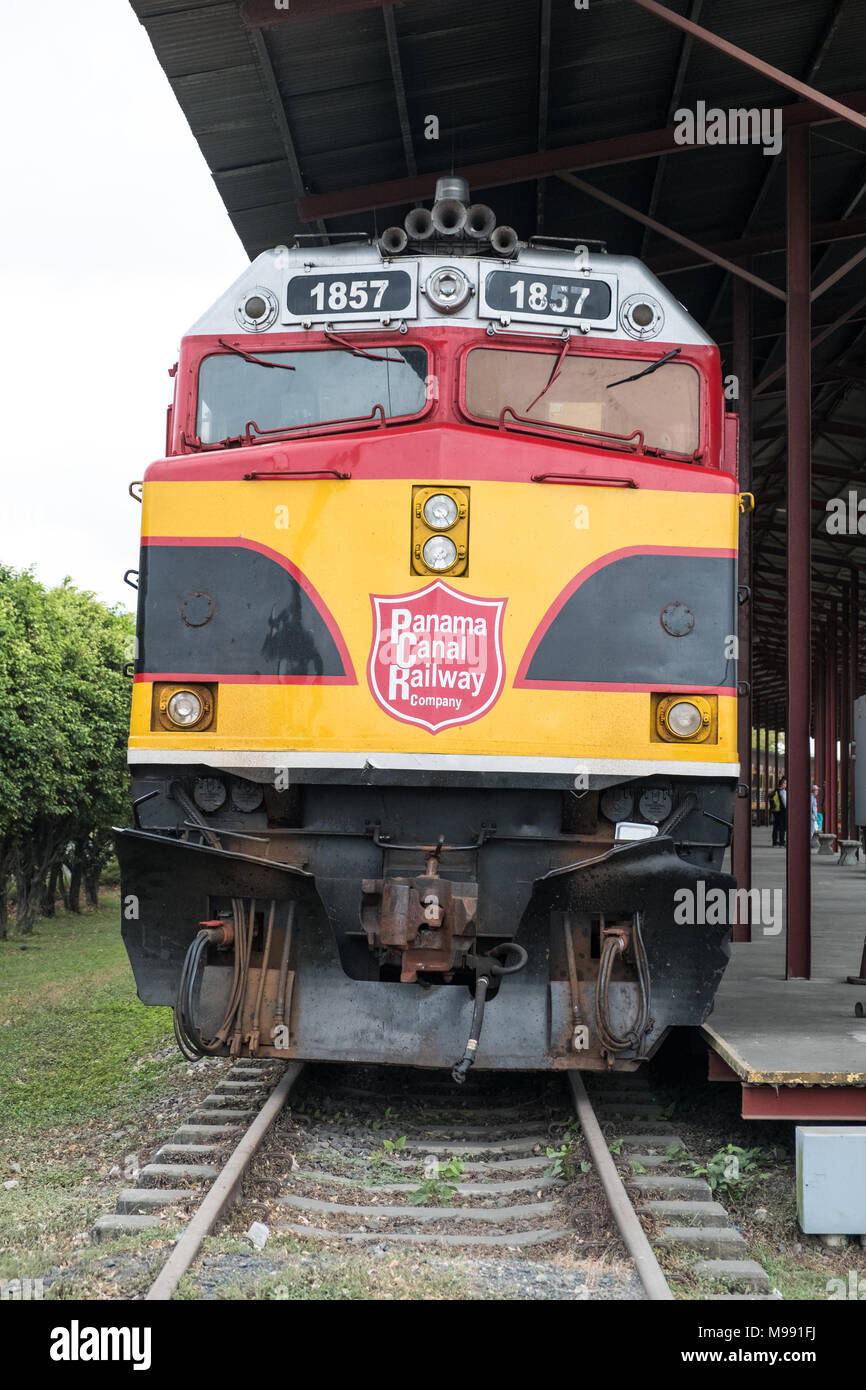 Panama City, Panama - march 2018: The locomotive of the Panama Canal Railroad train, connecting Panama City and Colon. Stock Photo
