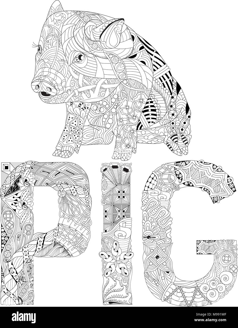 Zentangle illustration with pig. Zen tangle or doodle piglet. Coloring book domestic animal. Stock Vector